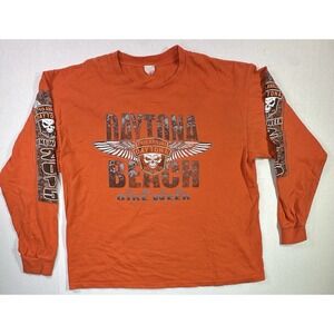 Daytona Beach Bike Week 2015‎ Long Sleeve T-Shirt Orange Skull Wings Graphic XL